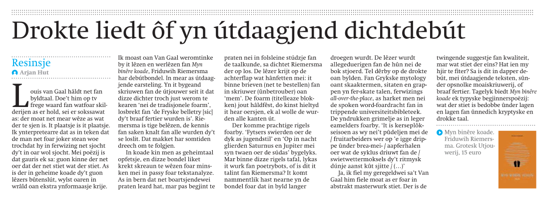 image besprek Arjan Hut yn it Friesch Dagblad